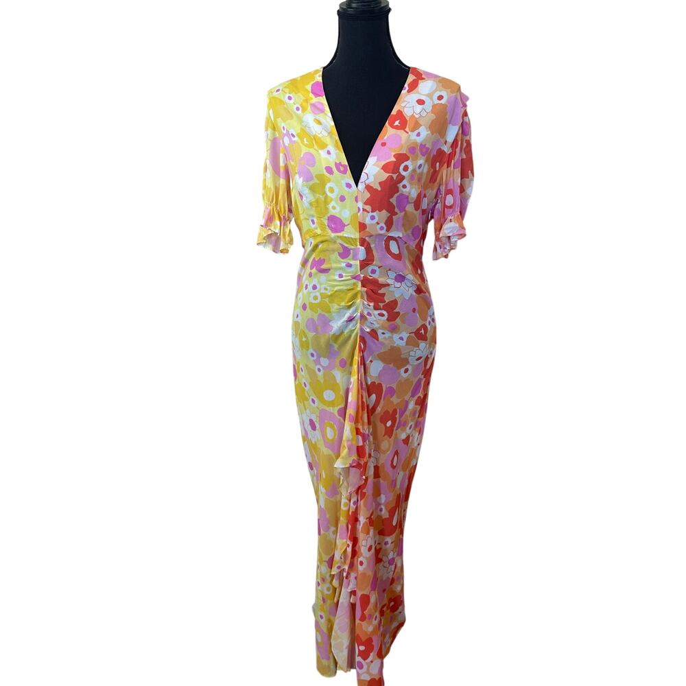 Rixo Whimsical Floral Colorblock Maxi Dress SMALL Ruched Orange Party Fun $420 - Picture 13 of 16